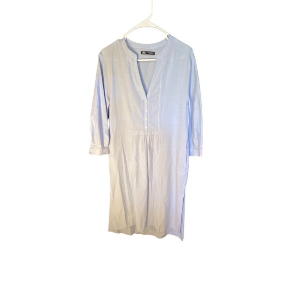 Zara Blue Cotton Button-Front Tunic Dress With 3/4 Sleeves For Women Size S - Picture 3 of 5